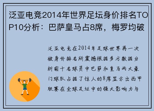 泛亚电竞2014年世界足坛身价排名TOP10分析：巴萨皇马占8席，梅罗均破亿