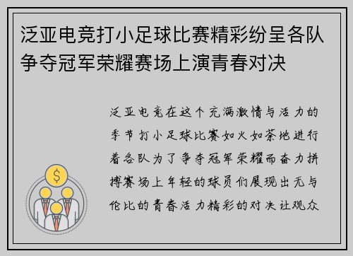 泛亚电竞打小足球比赛精彩纷呈各队争夺冠军荣耀赛场上演青春对决