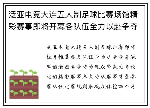 泛亚电竞大连五人制足球比赛场馆精彩赛事即将开幕各队伍全力以赴争夺冠军