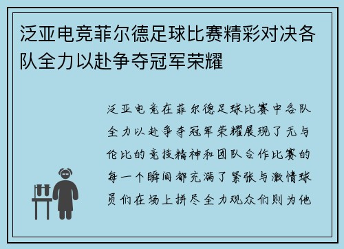 泛亚电竞菲尔德足球比赛精彩对决各队全力以赴争夺冠军荣耀