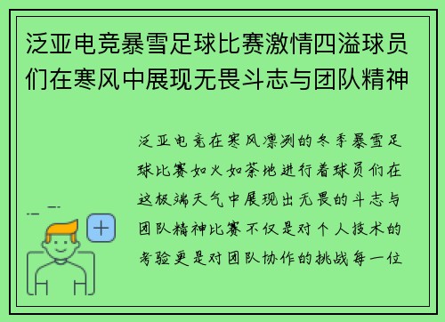 泛亚电竞暴雪足球比赛激情四溢球员们在寒风中展现无畏斗志与团队精神