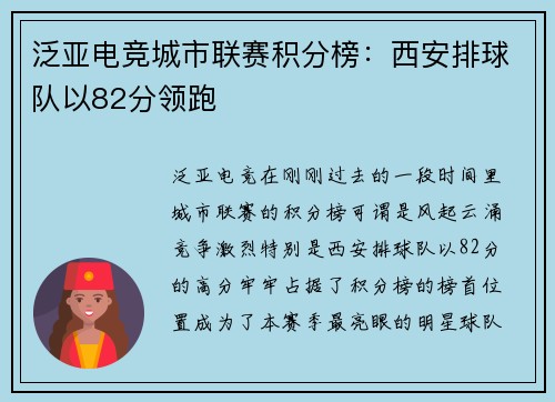 泛亚电竞城市联赛积分榜：西安排球队以82分领跑