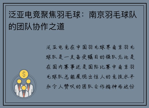 泛亚电竞聚焦羽毛球：南京羽毛球队的团队协作之道